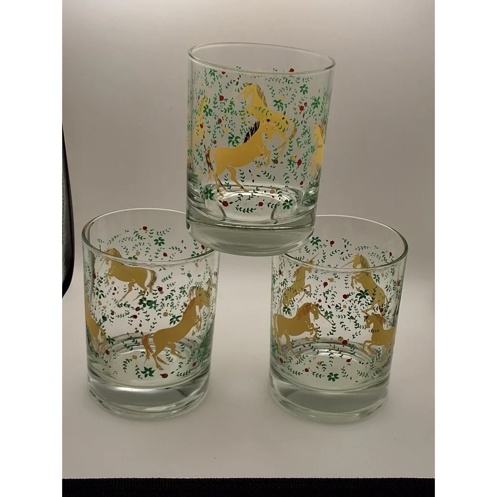 Vintage Unicorn Rocks Glasses Set of 3 Gold Floral Lowball Whiskey Tumblers